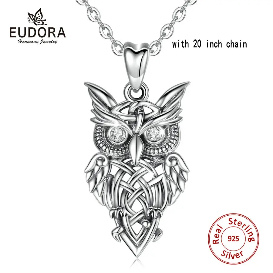 with 20 inch chain EUDORA 925 пробы серебряная подвеска в форме Совы винтажная Серебряная серия ожерелье с прозрачным CZ кристаллом модное ювелирное изделие для женщин мужчин CYD445 - Окраска металла: with 20 inch chain