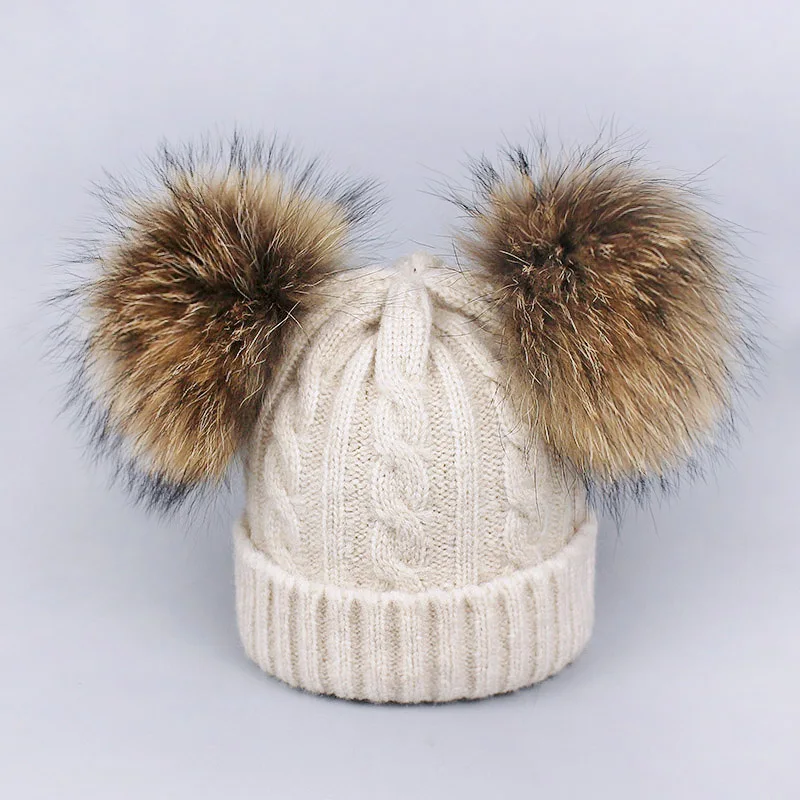 Hat Beige Женский комплект с шапкой и шарфом для девочек, шерстяной вязаный детский зимний шапочки с шарфами, Детский костюм для мальчиков, настоящий помпон из меха енота - Цвет: Hat Beige
