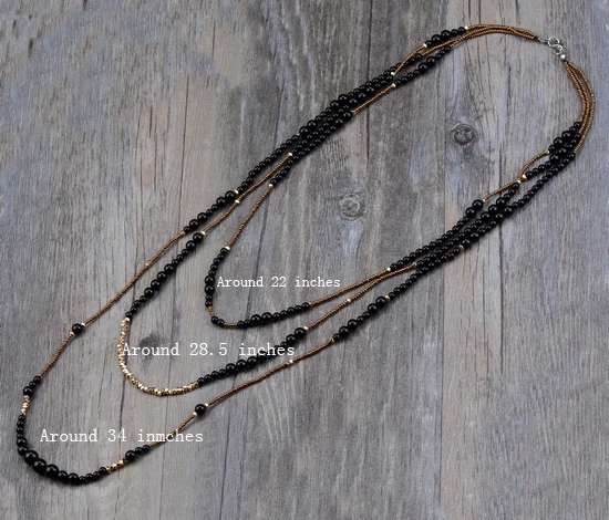 Boho Black Onyx with Seed Beads 3 Layers Beaded Necklaces Classic Natural Stones Women Statement Necklace Vintage Jewelry | Украшения и