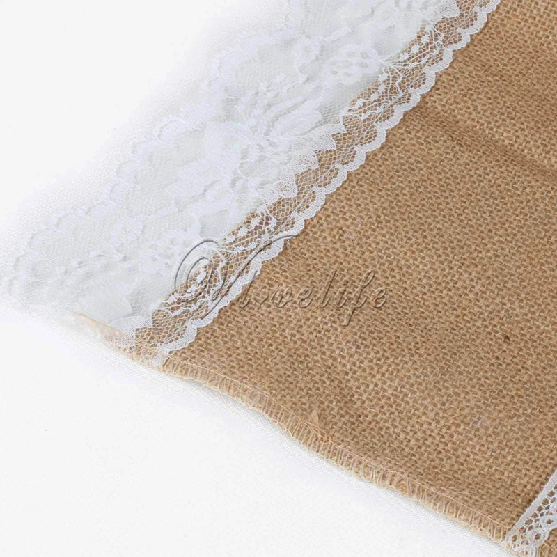 Изысканная скатерть из натурального джута 40 см х 275 с чистым белым кружевом и