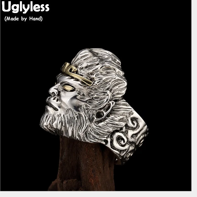 

Uglyless 100% Real Solid 925 Sterling Silver Monkey Rings for Men Handmade Monkey King Open Finger Ring Exaggerate Big Male Ring