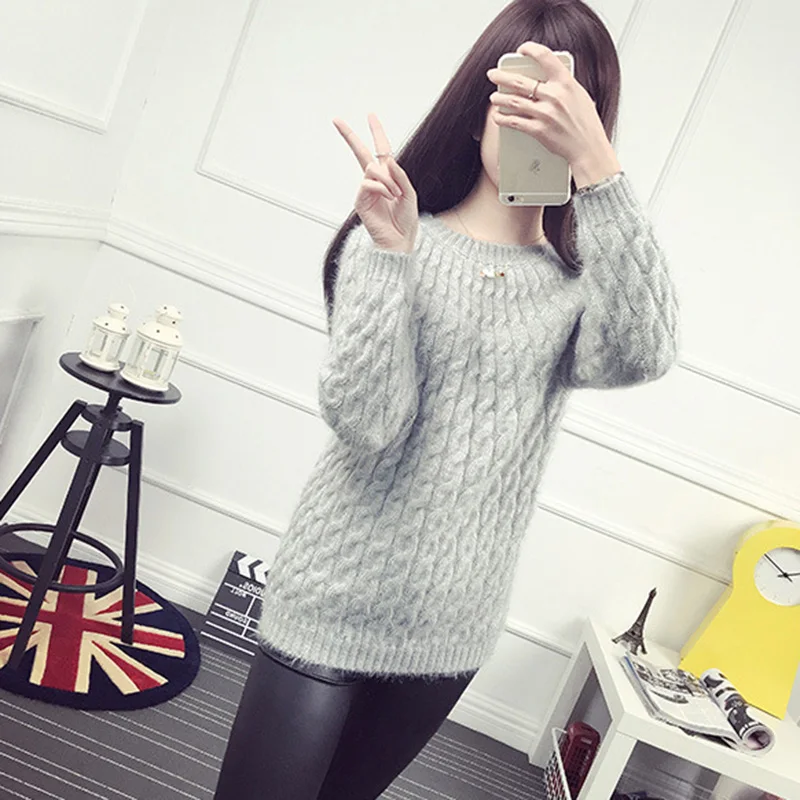 Women Sweaters Autumn Winter New Mohair Sweater Twist Loose Short Solid Color Round Neck Pullover Bottoming XY514 | Женская одежда