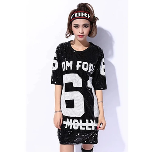 Черный Sequin T Shirt casual Loose Sequins Shiny Fashion Women Sequin Clothes Hip Hop Club Party friends Long T Shirt Dress Half Sleeve - Цвет: Черный