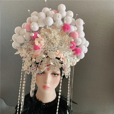 D1 white pink tiara 7 видов конструкций Bobbles queen тиара с кистями преувеличивать Личности шоу на сцене модель Тиара для волос тематическая фотография Пекинская оперная шляпа - Цвет: D1 white pink tiara