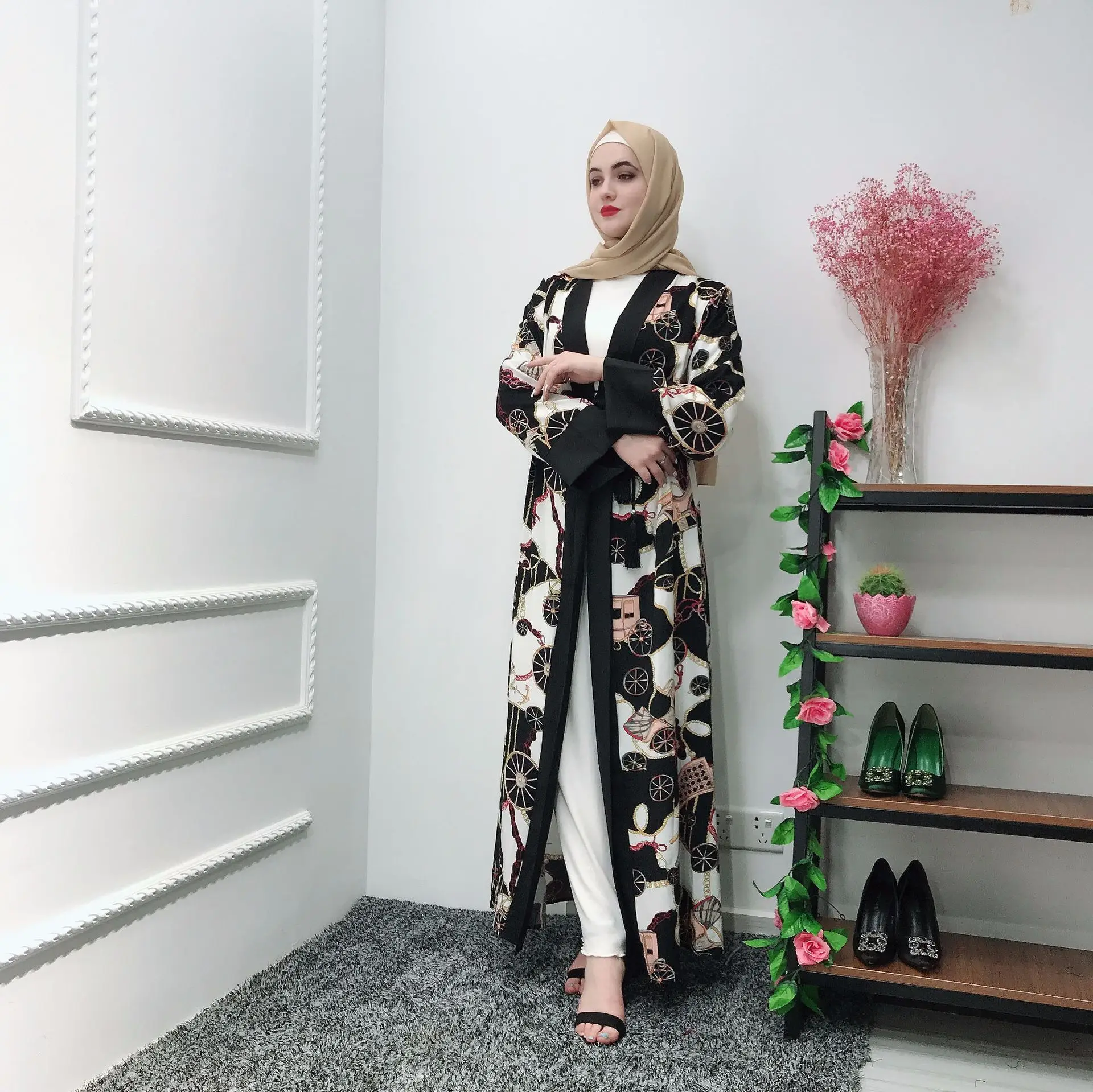 

Print floral shirt style long sleeve Muslim women dress abayas