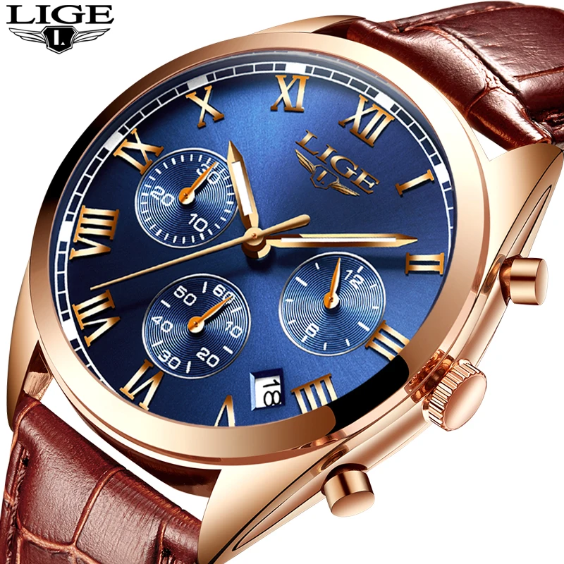

2021 LIGE Luxury brand mens quartz watch Men's waterproof fashion sports watch Men's leather watch Relogio Masculino+box