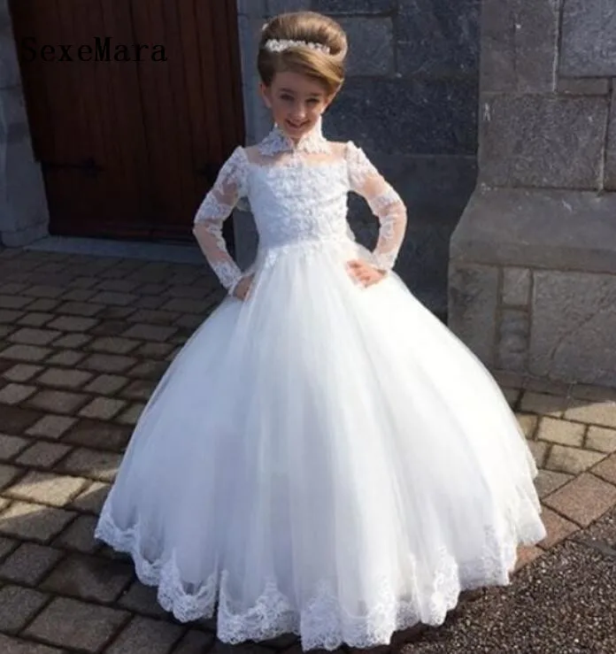 

Long Sleeves Lace Appliques Ball Gown Flower Girls Dresses for Wedding Party vestido daminha Communion Gown