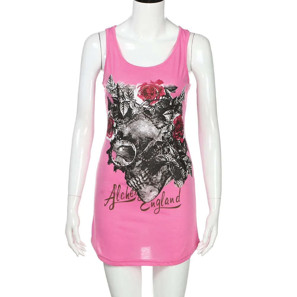 Hot Pink Летние топы, женские модные топы с принтом черепа, топы, блузки, Клубные вечерние футболки, футболки без рукавов, женские топы, майки - Цвет: Hot Pink