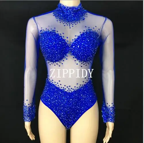 Fashion 6 Colors Stones See Through Bodysuit long Sleeves Stretch Sexy Perspective Performance Celebrate luxurious Dance outfit | Женская