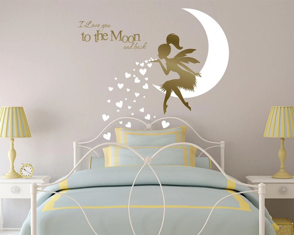 Фея дует сердца Наклейка на стену с надписью I Love You To The Moon And Back (мама я тебя