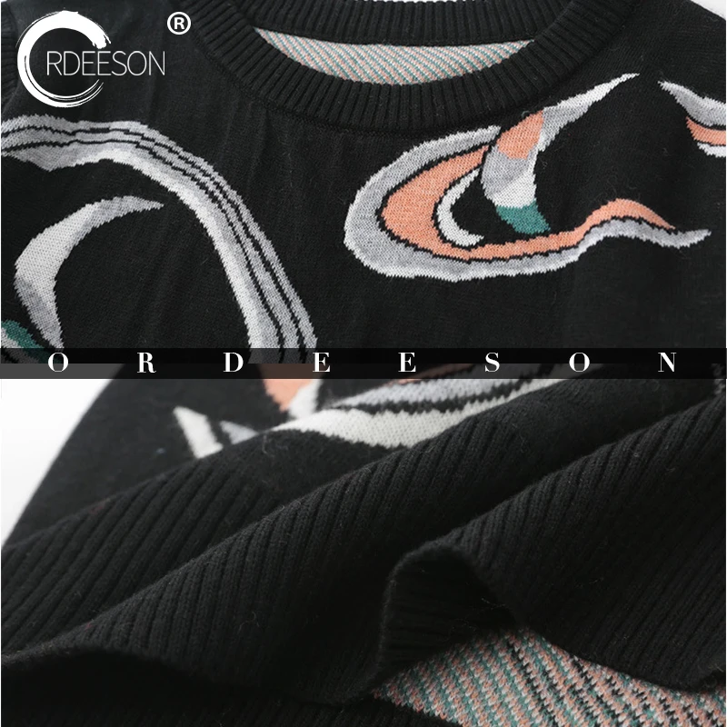 Ordeeson черный с длинным рукавом сращивания жаккард дизайнер Свитеры для женщин Для