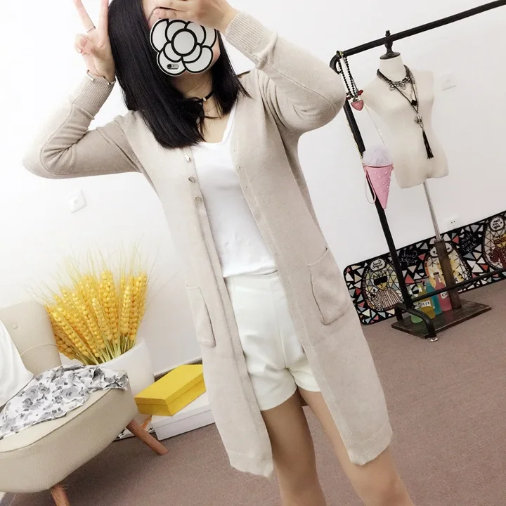 2018 женский осенний свитер длинный кардиган с карманами Свободный однотонный