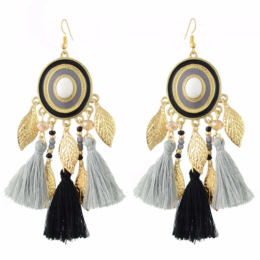 Fashion Jewelry Bohemian Antique Gold Color Tassel Coloful Ball Leaf Earrings Long Ethnic Female from india | Украшения и