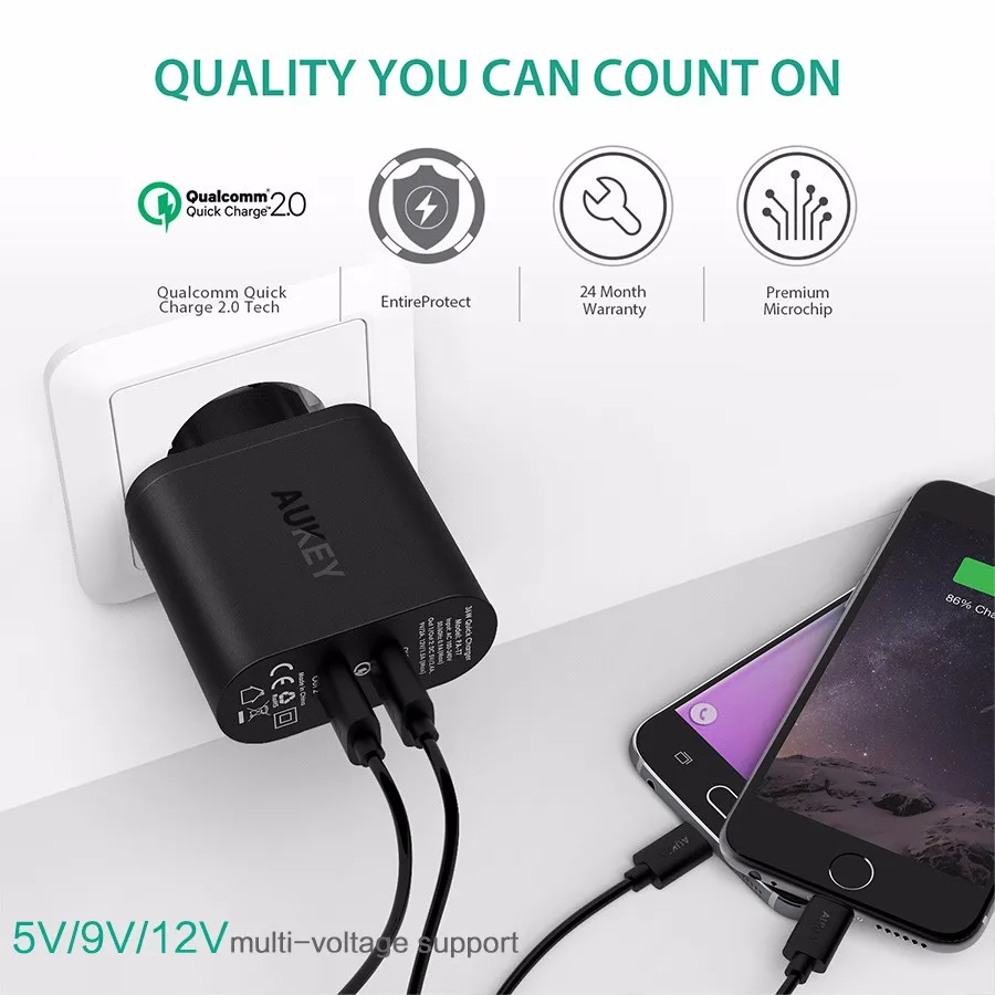 AUKEY 2 порта быстрое зарядное устройство 0 USB умное настенное Адаптивная