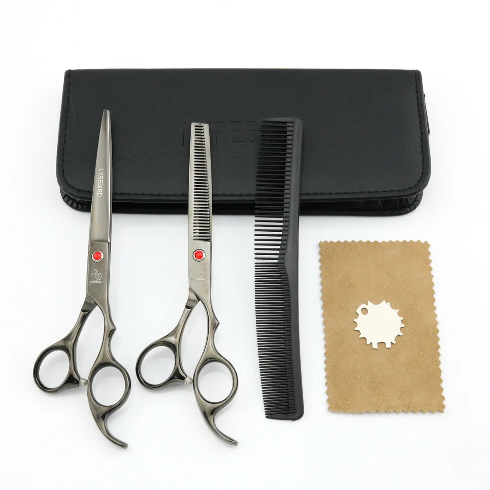 Black set with bag 1 Ножницы для стрижки волос 7 дюймов+ истончение 6,5 дюймов LYREBIRD ножницы для ухода за домашними животными Парикмахерские ножницы 5 цветов на выбор Горячая Новинка - Цвет: Black set with bag 1