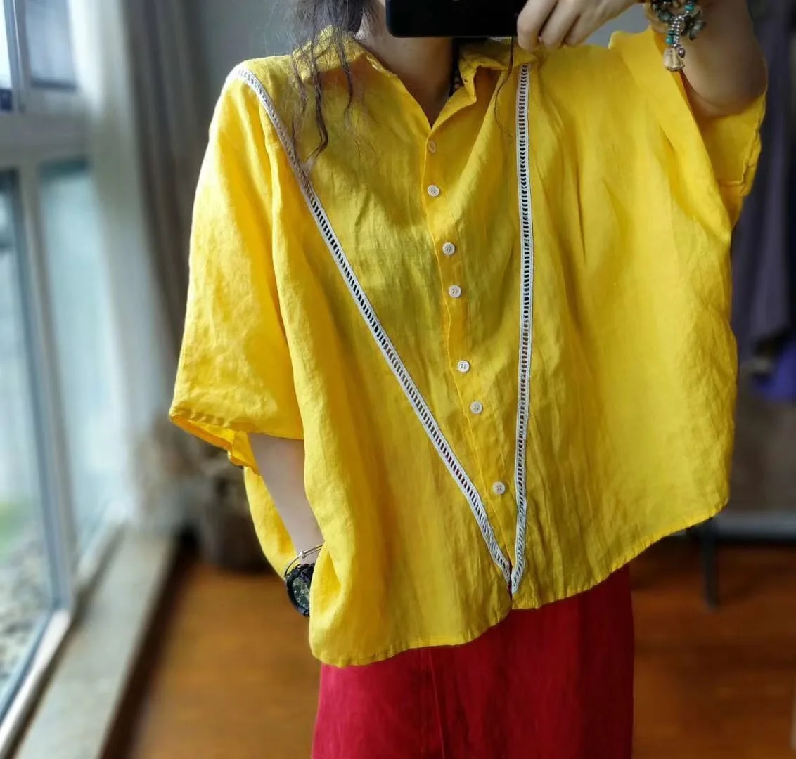 Women Bat Sleeve Plus Size Shirt Blouse Female Casual Vintage Cotton Linen Shirts Ladies Loose Tops 2019 Summer Flax |