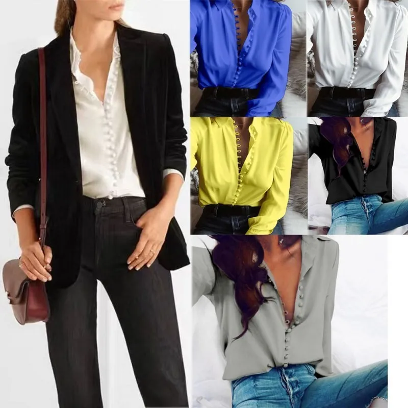 Women Button Shirts Autumn Casual Elegant Turn-down Collar Blouse Top Camisa Feminina Long Sleeve White Ladies Blouses (E1 |
