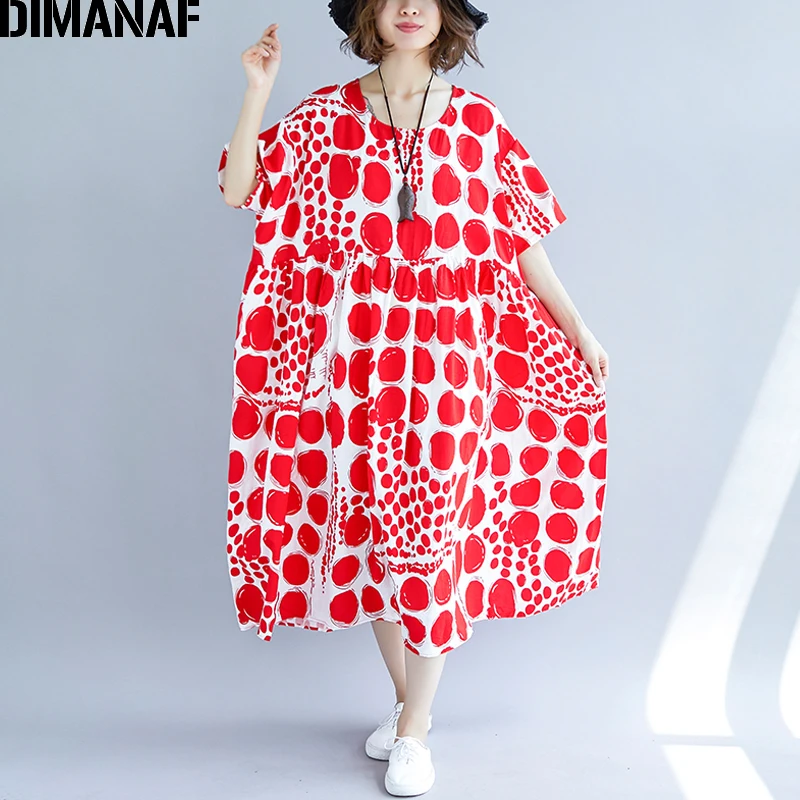 Женское платье с принтом в горошек DIMANAF длинное свободное рисунком красного