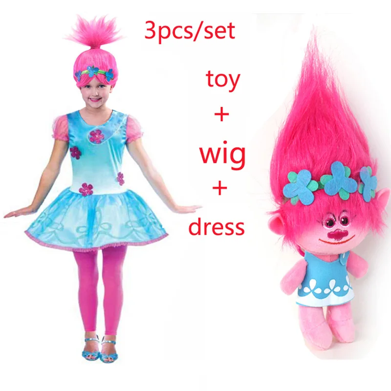 Фото New Christmas Carnival Costume Trolls Wig toy For Kids Poppy Lace Dress Baby Girls Moana clothes Children Vaiana Party Vestido №2