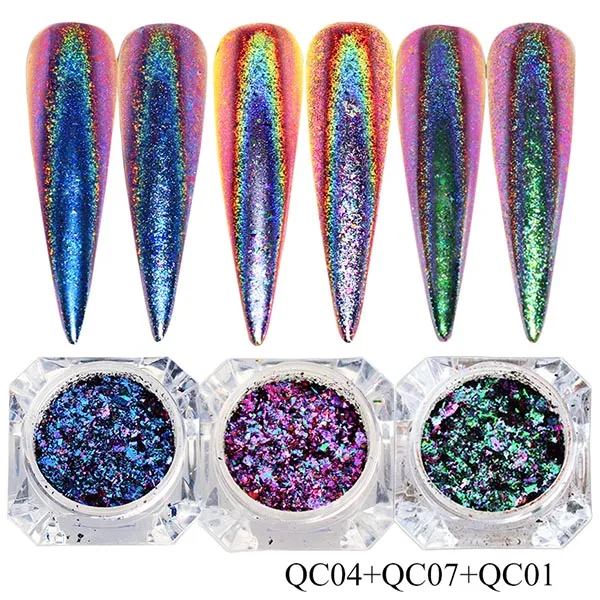 QC04 QC07 QC01 0,2 г павлин голографический Хамелеон блестки хлопья на ногтях неровные блестки порошок пыль дизайн ногтей украшения пигмент CHQC01-12 - Цвет: QC04 QC07 QC01