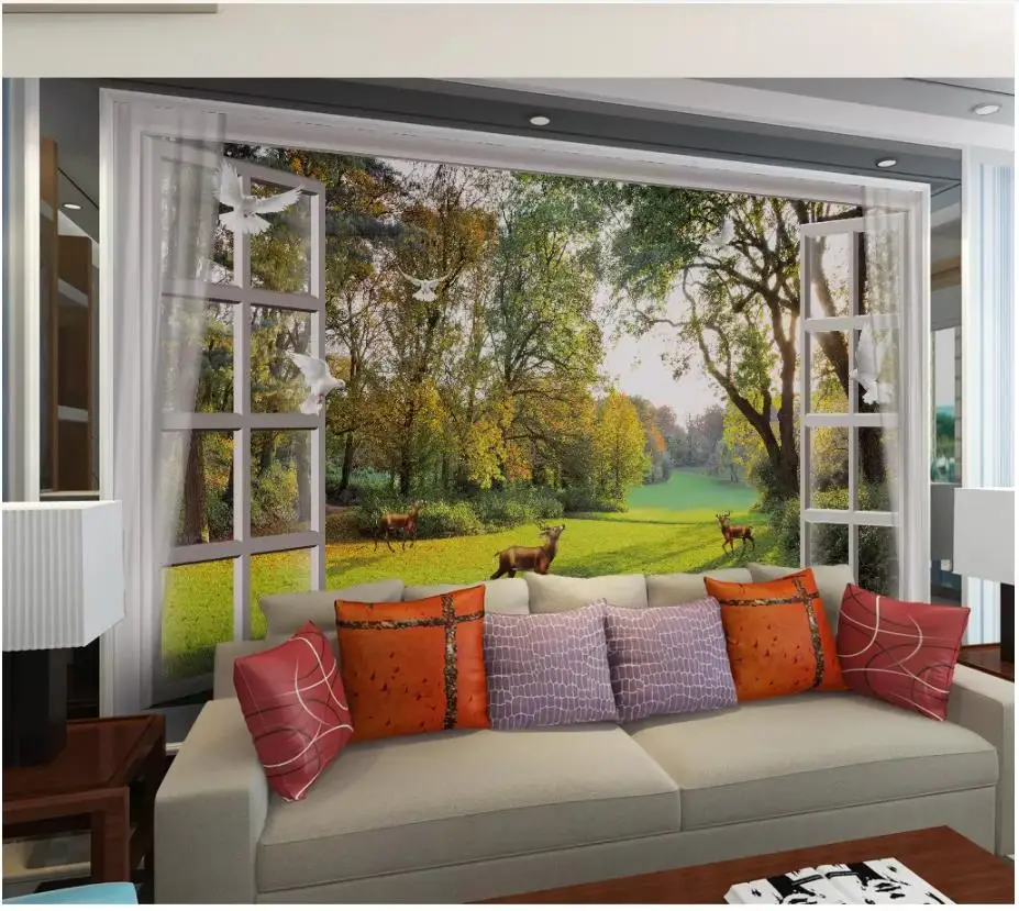 Custom photo wallpaper for walls 3 d murals Window outside the forest small river deer dove TV background wall | Обустройство дома