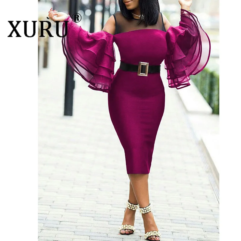 XURU летнее женское сексуальное красивое платье XL платье XL-6XL новые Гофрированные Рукава колготки бедра платье без пояса - Цвет: Фуксия