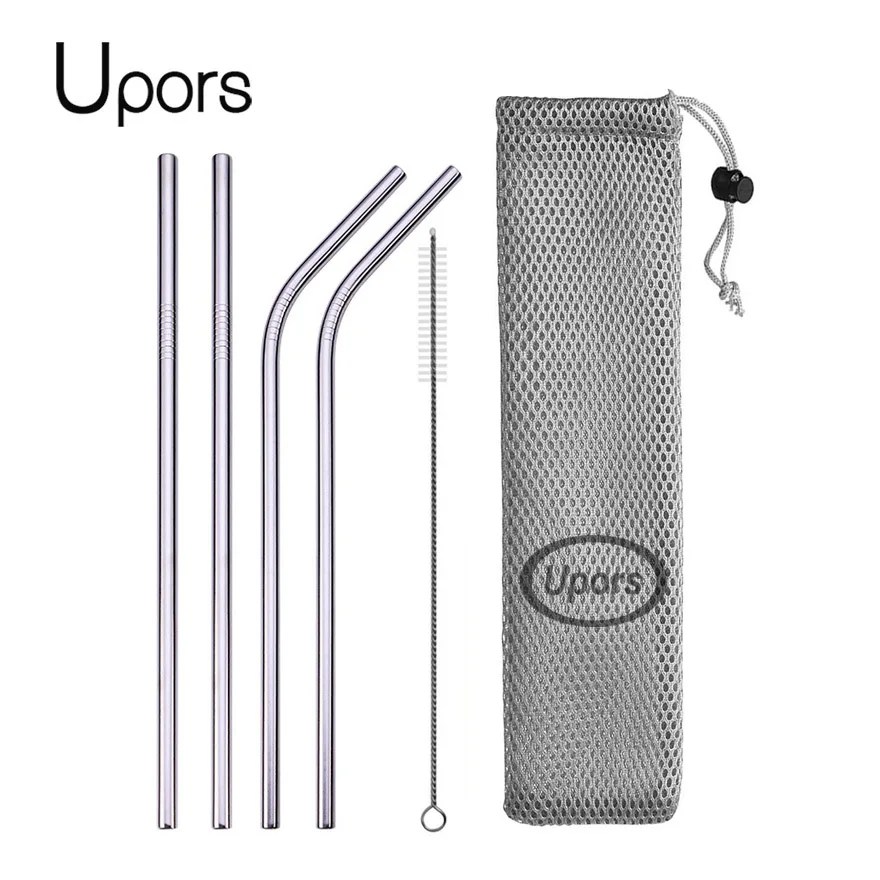 A with bag UPORS многоразовый металлический питьевой соломы 304 соломинки из нержавеющей стали прямо согнуты питьевой соломы с чистильщиком косметичка - Цвет: A with bag