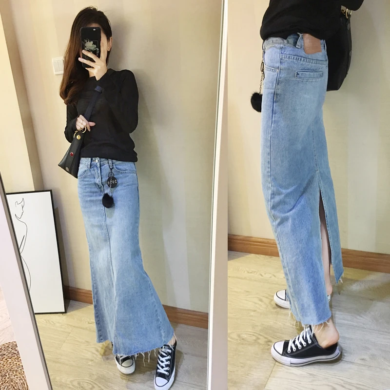 

Free Shipping 2021 New Fashion Long Maxi Denim Fish Tail Skirt For Women XS-2XL Mermaid Style High Waist Summer Blue Skirts