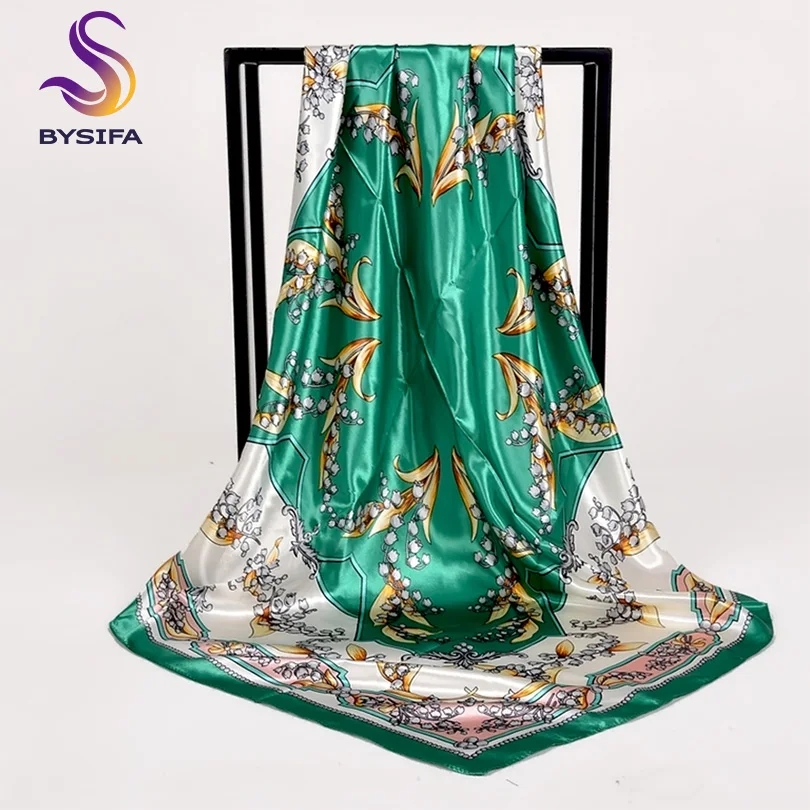 Женский шелковый шарф BYSIFA зеленый или белый хиджаб шали в цветочек платок