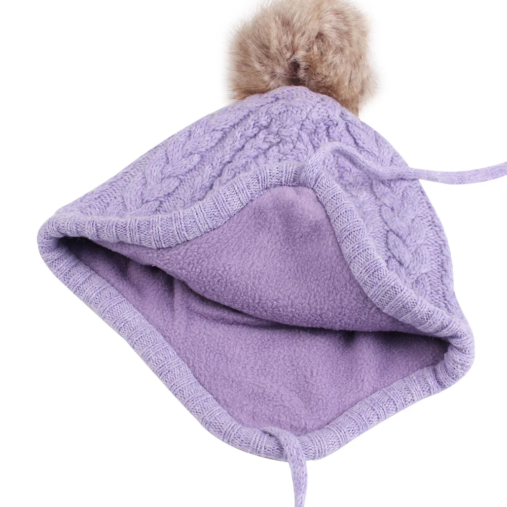 Милая хлопковая детская шапка с ушками для новорожденных, бархатная теплая зимняя шапочка для маленьких девочек, шапка на шнуровке для младенцев с помпонами, весенняя шапка для малышей