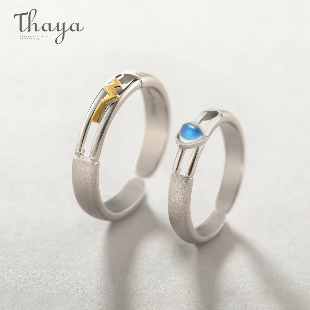 Thaya Heartbeat Rings Real 925 Sterling Silver Natural Moonstone Couple rings for Women Men Resizable Wedding Jewelry Gifts