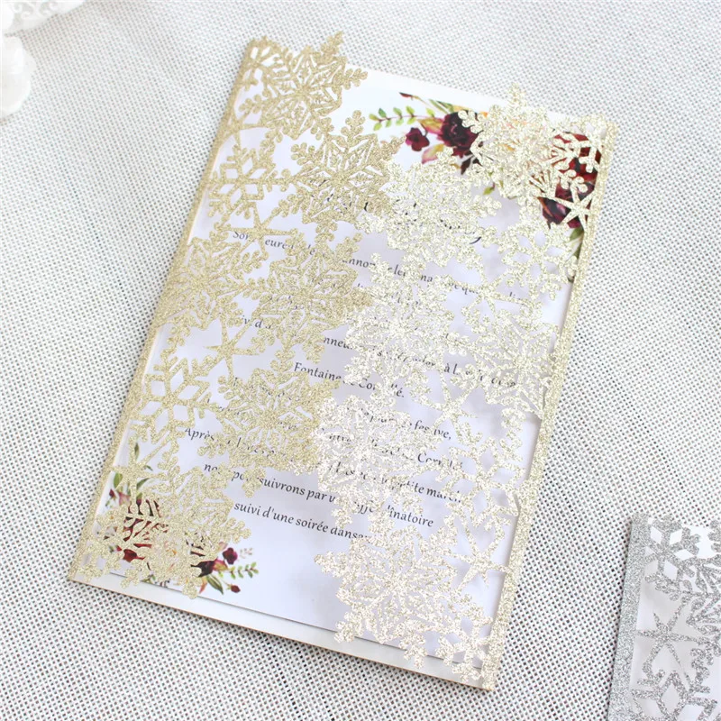 Блестящие приглашения в виде снежинок лазерной резки розовый золотой серебряный
