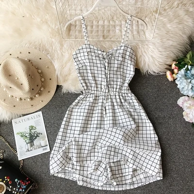 white check ALPHALMODA, летний женский пляжный комбинезон с цветочным принтом, на шнуровке, на груди, эластичный сзади, без рукавов, повседневный короткий шифоновый комбинезон - Цвет: white check