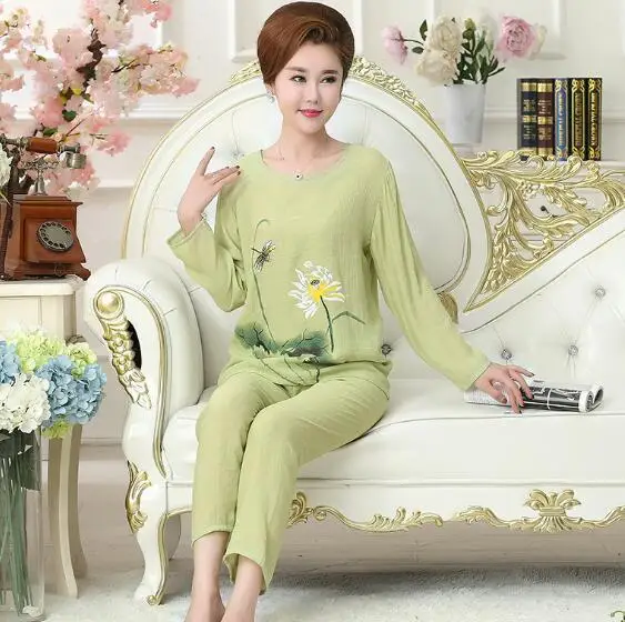 XL-4XL Plus size winter pajamas long sleeve o-neck ladies cotton linen nightwear casual print pijama suit pyjamas women 8 colors | Женская