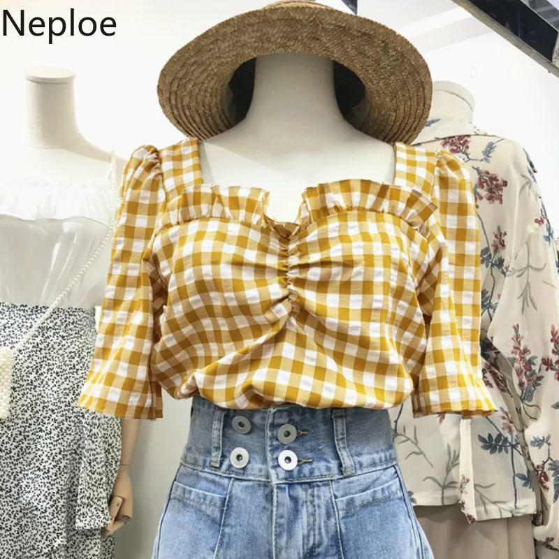 Neploe клетчатая женская блуза с оборками Лето 2019 новый квадратный воротник пышными