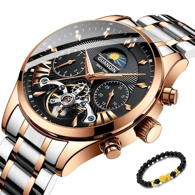 Gold Black Jianjin Роскошные Брендовые Часы GUANQIN, мужские часы, для плавания, автоматические механические часы, мужские золотые часы, reloj hombre, acero inoxidable, непроницаемые - Цвет: Gold Black Jianjin