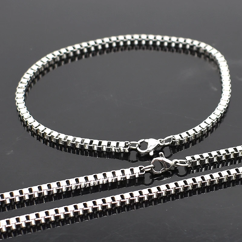 

AMUMIU 3mm Width 316L Stainless Steel Women Men Box Chain Necklaces Bracelet Sets Mens Jewelery Accessories HZTZ122