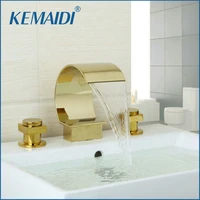 kemaidi golden plated waterfall spout deck mount solid brass bathroom sink wash basin double handle bathtub mixer tap faucet