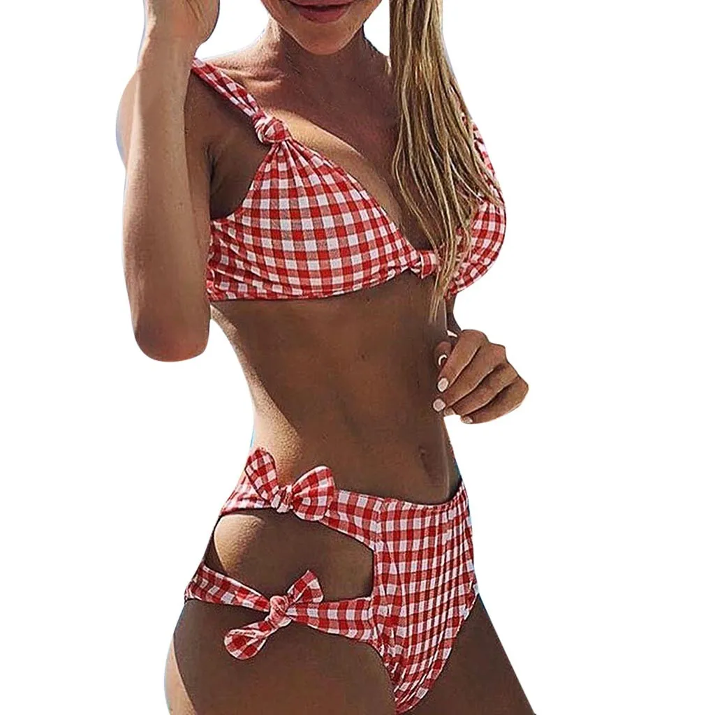 Женский клетчатый купальник с бантиком пуш-ап купальный костюм пляжная одежда