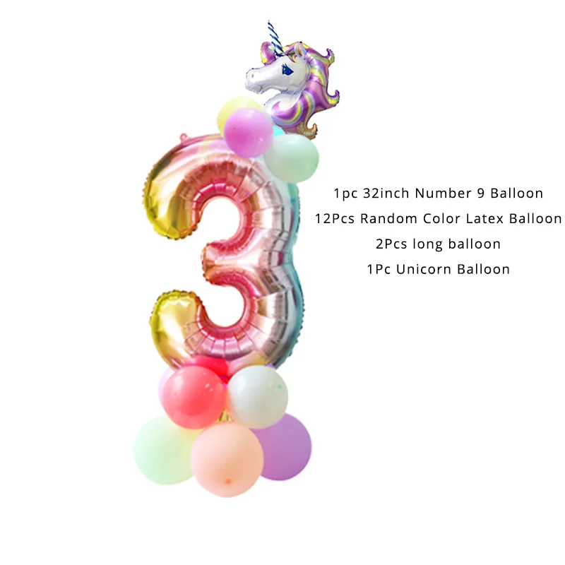 number balloon set 3 Вечерние принадлежности с единорогом, Розовая Повязка на голову с единорогом, одноразовый набор столовых приборов для девочек, украшения для дня рождения, принадлежности с единорогом - Цвет: number balloon set 3