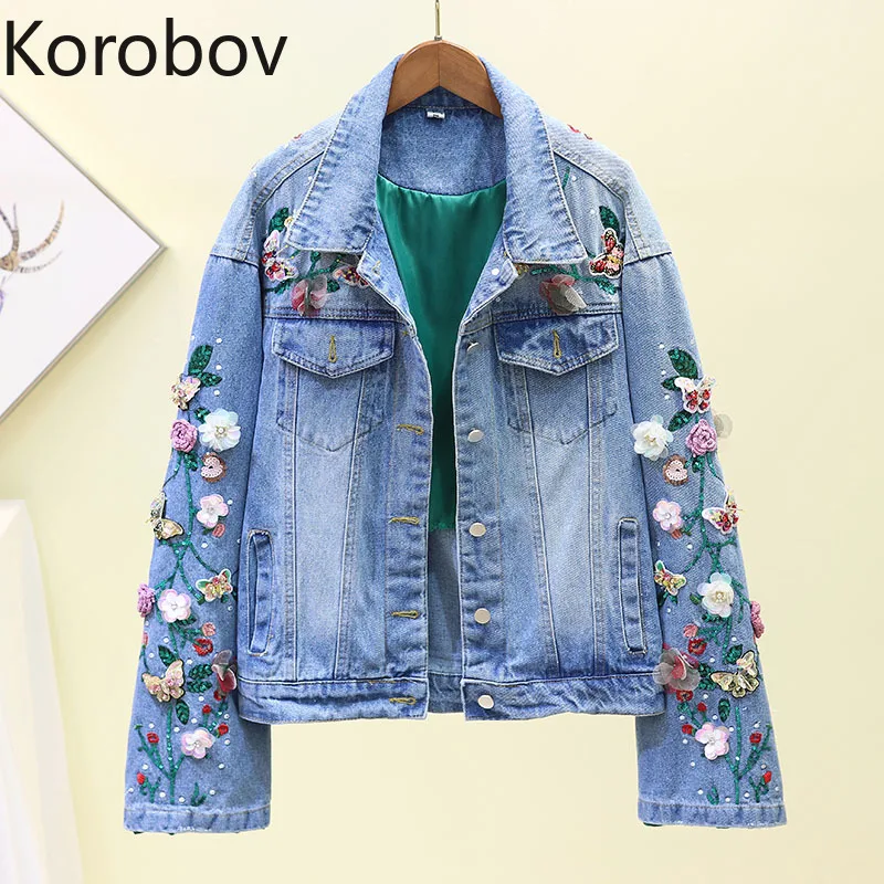 Коробова осенние модные цветочные аппликации Для женщин Джинсовые куртки корейский жемчуг с длинным рукавом Джинсы Пальто Куртка в уличном стиле Femme 78044