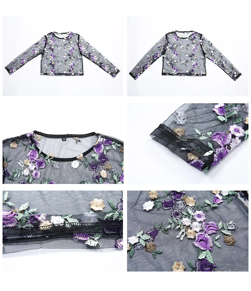Модные женские черные рубашки с цветочной вышивкой сексуальный прозрачный