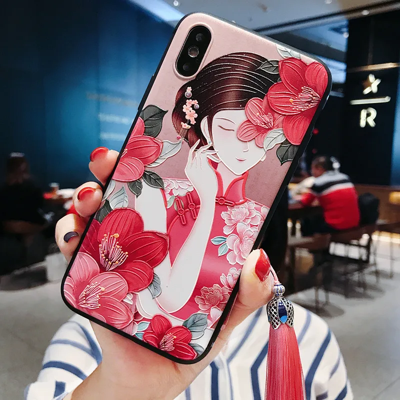 22 Китайский стиль тисненый чехол для телефона с кисточкой для iPhone 11 Pro Max XS MAX XR мягкая задняя крышка для iPhone X 8 7 6S 6 Plus Coque - Цвет: 22