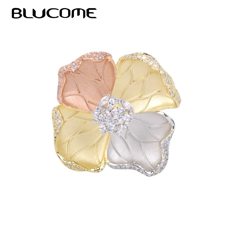 Blucome Роскошные фианиты цветок лотоса броши корсаж три тона Дубай индийская