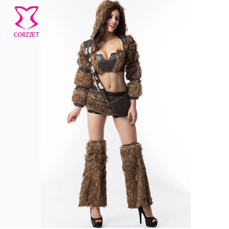 Коричневый топ из искусственного меха и кожи с юбкой + шапка куртка костюм