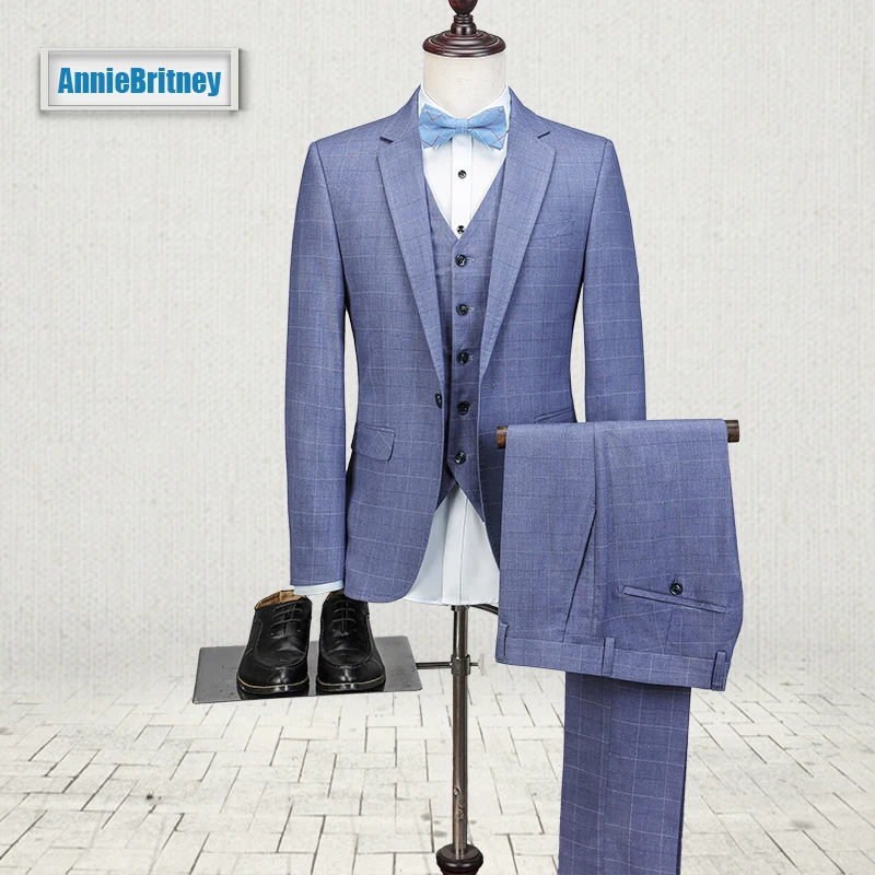 2018 новый мужской костюм блейзеры решетка Slim Fit Жених Смокинги s бизнес Лучший