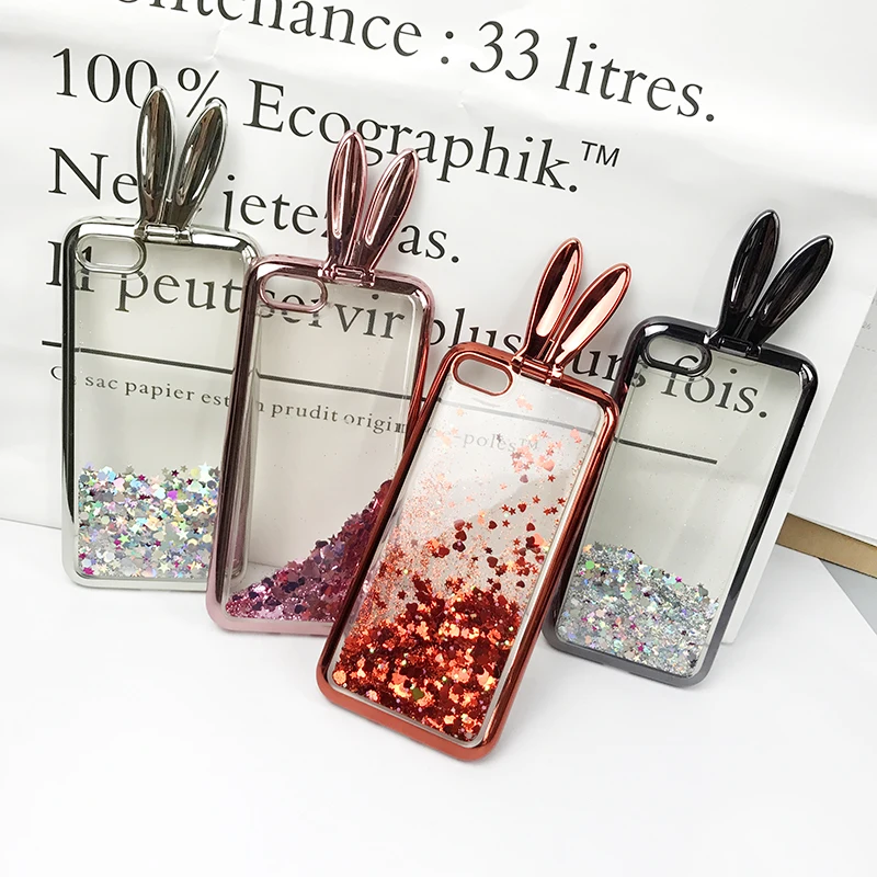 3D Cute Rabbit Ear Stander Case For iPhone 8 8plus Soft Silicon Glitter Liquid Quicksand 6 6plus 7 7plus Girl Cover | Мобильные