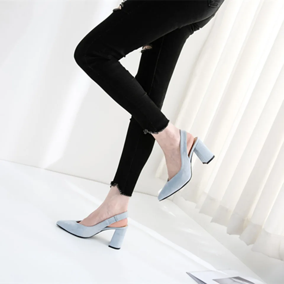 Высокие каблуки Короткая Slingback мода Работа насосы Размер 4 34 Синяя женская обувь офис элегантный замша черный Указательный палец 33 китайская новая Лето Китай