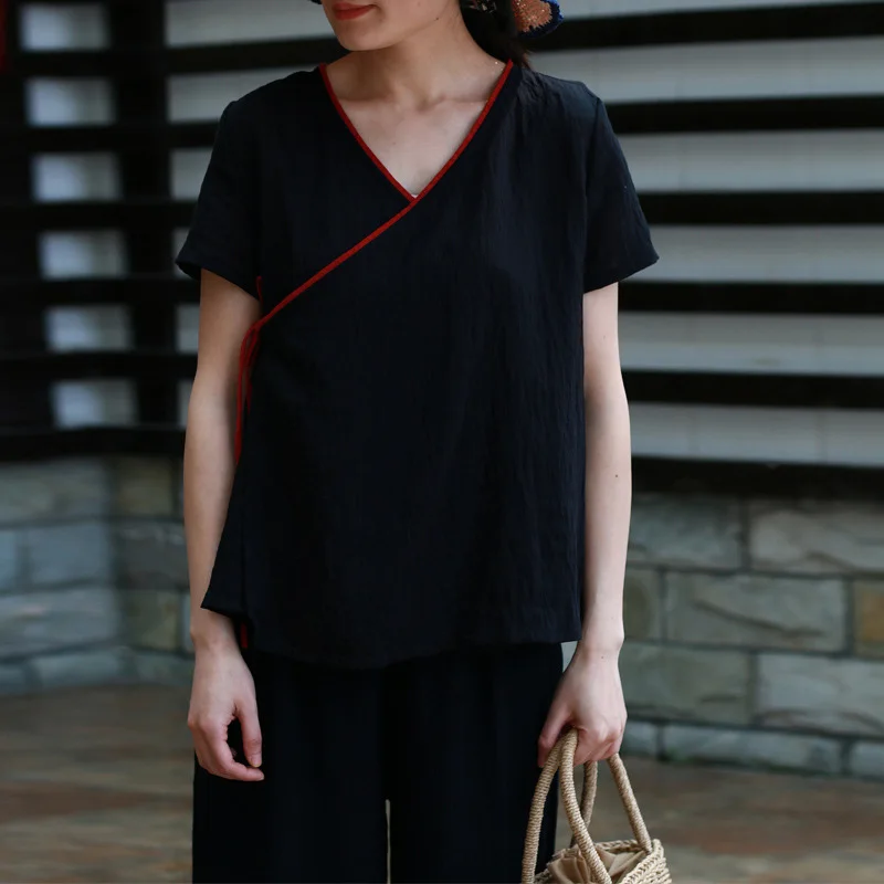 Женские рубашки с поясом Johnature льняные блузки v-образным вырезом и коротким