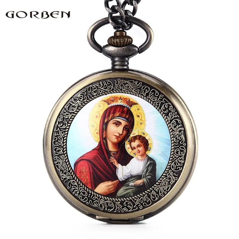 Женские и мужские карманные часы в стиле ретро с надписью Blessed Virgin Mary Embrace Child Jesus